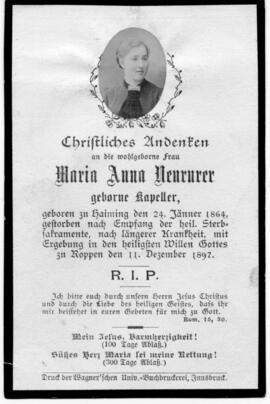 Neururer Maria Anna geborne Kapeller 1864 - 1897