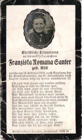 Santer Franziska Romana geb. Köll 1840 - 1924