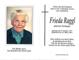 Raggl Frieda geborene Hundegger, 1917 - 2001