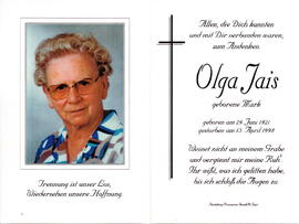 Jais Olga geborene Mark 1921 - 1998