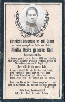 Heiß Aloisia geborene Köll, Kaufmannsgattin 1878 - 1921