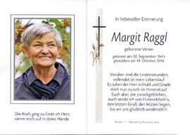 Raggl Margit geborene Venier, 1945 - 2016