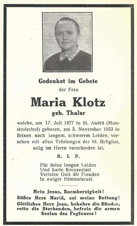 Klotz Maria, geb. Thaler, 1953