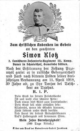 Klotz Simon, 1918