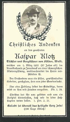 Klotz Kaspar, 1922
