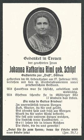Riml Johanna Katharina, geb. Schöpf, 1932