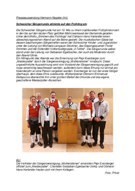 Presseaussendung Hermann Nageler: Frühjahrskonzert der Sängerrunde Schwoich 2025