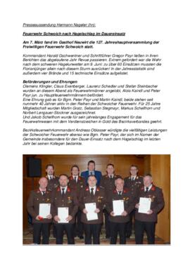 Presseaussendung Hermann Nageler: 127. Jahreshauptversammlung der Freiwilligen Feuerwehr am 7. Mä...