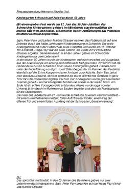 Presseaussendung Hermann Nageler: 50 Jahre Kindergarten Schwoich
