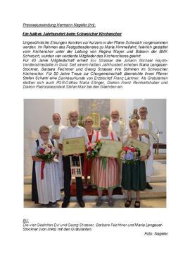 Presseaussendung Hermann Nageler: Ein halbes Jahrhundert beim Schwoicher Kirchenchor