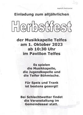 Einladung  Herbstfest MK Telfes-Jugendkapelle und Telfer Böhmische
