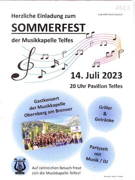 Einladung  Sommerfest der MK Telfes, Gastkonzert MK Obernberg am Brenner