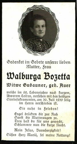 Auer Walburga Witwe Gudauner, verh Bozetta Telfes