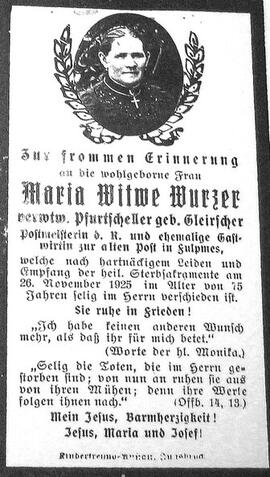 Gleirscher Maria Witwe Wurzer Postmeisterin Fulpmes