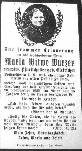 Wurzer Maria, Witwe Pfurtscheller gb. Gleirscher Wirtin Alte Post Fulpmes