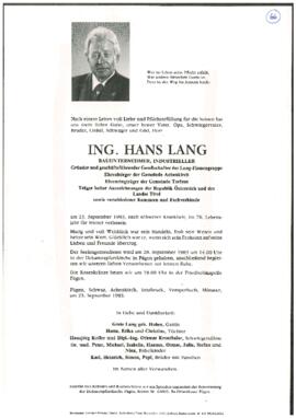 Lang Hans, Ingenieur, Ehrenringträger der Gde. Terfens, im 76. Lebensjahr