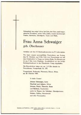 Schwaiger Anna, geb. Oberhauser, im 57. Lebensjahr