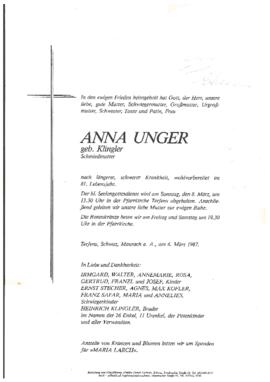 Unger Anna, geb. Klingler, Schmiedmutter, im 81. Lebensjahr