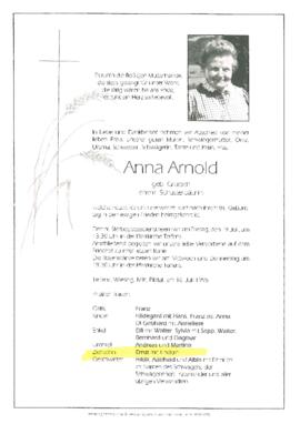 Arnold Anna, geb. Grutsch, ehem. Schusterbäuerin, im 86. Lebensjahr