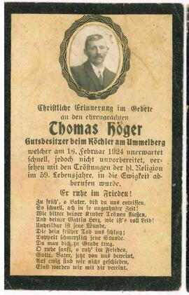 Höger Thomas, Köchlerbauer am Umlberg, im 59. Lebensjahr