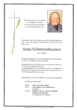 Schnitzenbaumer Anna, geb. Viertler, im 92. Lebensjahr