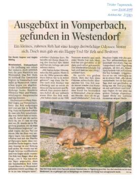 Ausgebüxt in Vomperbach, gefunden in Westendorf Happy End für Reh und Besitzer