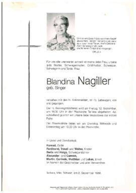 Nagiller Blandina, geb. Singer, im 73. Lebensjahr