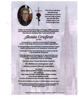 Grießner Aloisia, geb. Haim, im 88. Lebensjahr