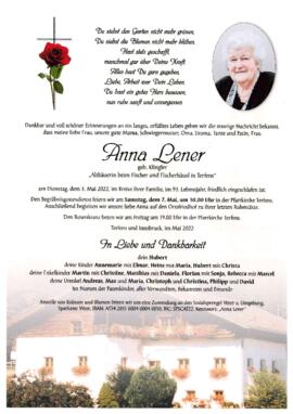 Lener Anna, geb. Klingler, Altbäuerin beim Fischer, im 93. Lebensjahr