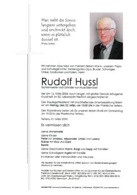 Hussl Rudolf, Tischlermeister, im 82. Lebensjahr