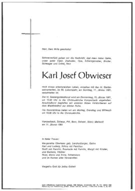 Obwieser Karl Josef, im 83. Lebensjahr