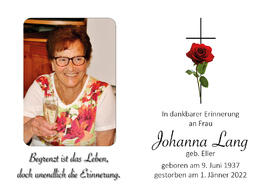 Johanna Lang, geb. Eller, im 85. Lebensjahr