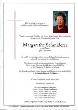 Margarethe Schmiderer, verw. Zauner, geb. Neumann, im 88. Lebensjahr