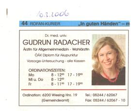 Ordinationszeiten Dr. Gudrun Radacher