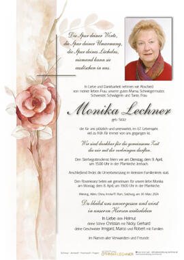 Monika Lechner, geb. Stütz, im 67. Lebensjahr