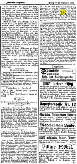 Verstorbene: am 28.8.1898: Madl Johann, gewes. Wirt in Weising, 40 Jahre alt, Irrenhaus