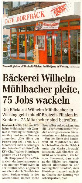 Bäckerei Mühlbacher im Konkurs