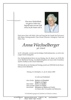 Anna Wechselberger, geb. Schiestl, im 93. Lebensjahr
