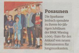 Sparkasse Jenbach spendiert zum 60jährigen Jubiläum der BMK Wiesing Posaunen für Jungmusikanten