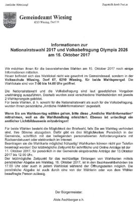 Gemeindeinformation Nationalratswahl und Volksbefragung Olympia