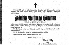 Todesanzeige Notburga Hörmann, Besitzerin des Gasthofes "Stadt München" im 78. LJ am 18...