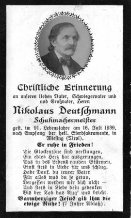 Nikolaus Deutschmann, Schuhmachermeister, im 91. Lebensjahr