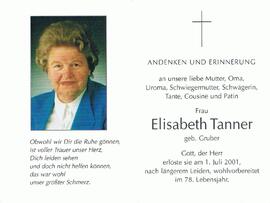Elisabeth Tanner, geb. Gruber, im 78. LJ.