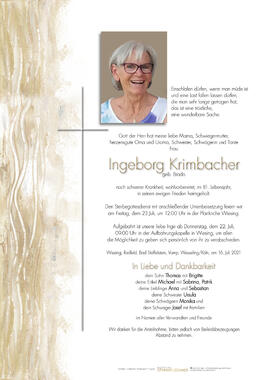 Ingeborg Krimbacher, geb. Brado, im 61. Lebensjahr