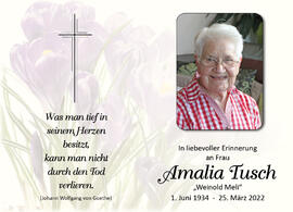 Amalia Tusch, geb. Weinold, vlg. Weinold Meli, im 88. Lebensjahr