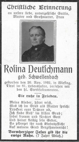 Rosina Deutschmann geb. Schwellenbach, im 81. Lebensjahr