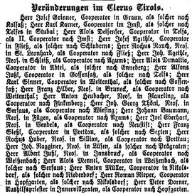 Veränderungen im Clerus Tirols: Herr Joh. Thöni, Neos. in Serfaus, als Cooperator nach Wiesing