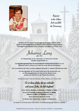 Johanna Lang, geb. Eller, im 85. Lebensjahr