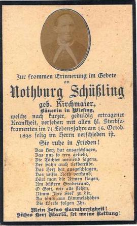 Nothburg Schüßling, geb. Kirchmaier, im 71. Lebensjahr