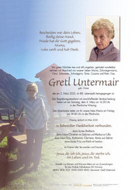 Gretl Untermair, geb. Huber, im 88. Lebensjahr